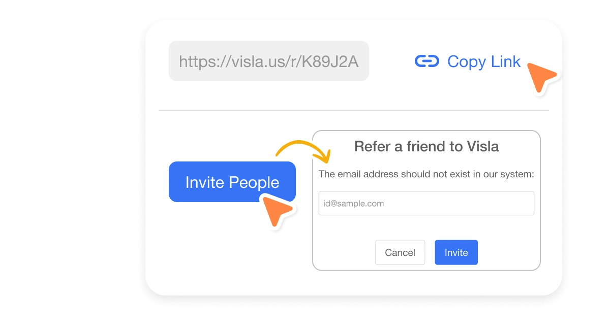 Screenshot of Visla's Refer a Friend Program, showing options to invite someone by email or share a unique link to join and be added to a Workspace.